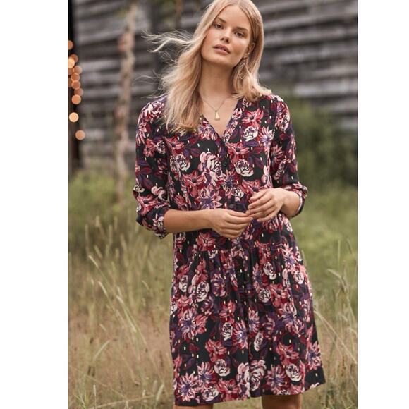 Garnet Hill Drop waist Dress in Roses burgundy gold size 14 Boho Chic festival - Picture 1 of 11